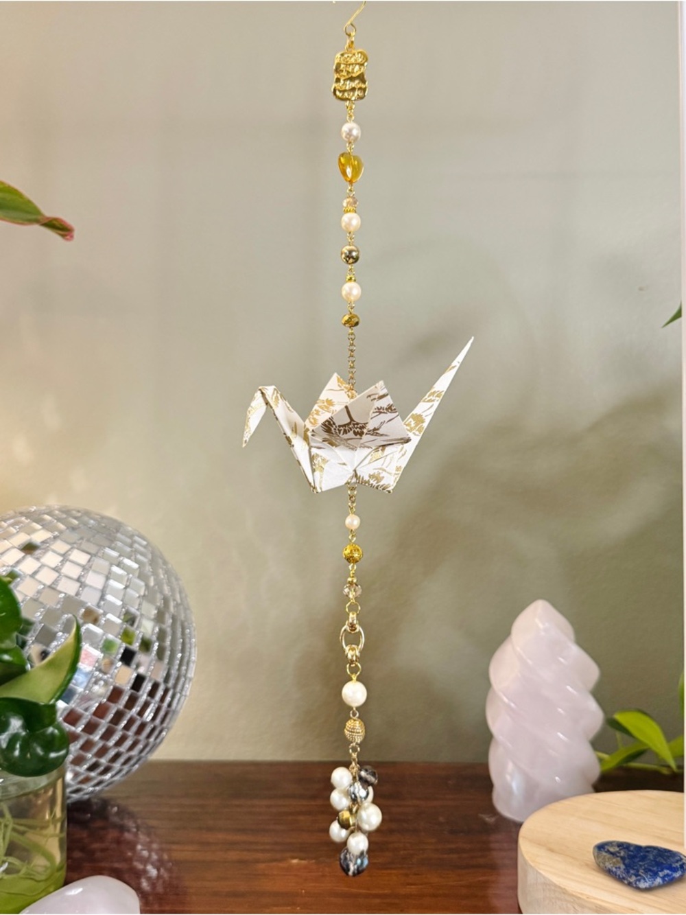 Origami Ornament #2529 - Large Crane with Chiyogami Paper and Repurposed Jewelry
